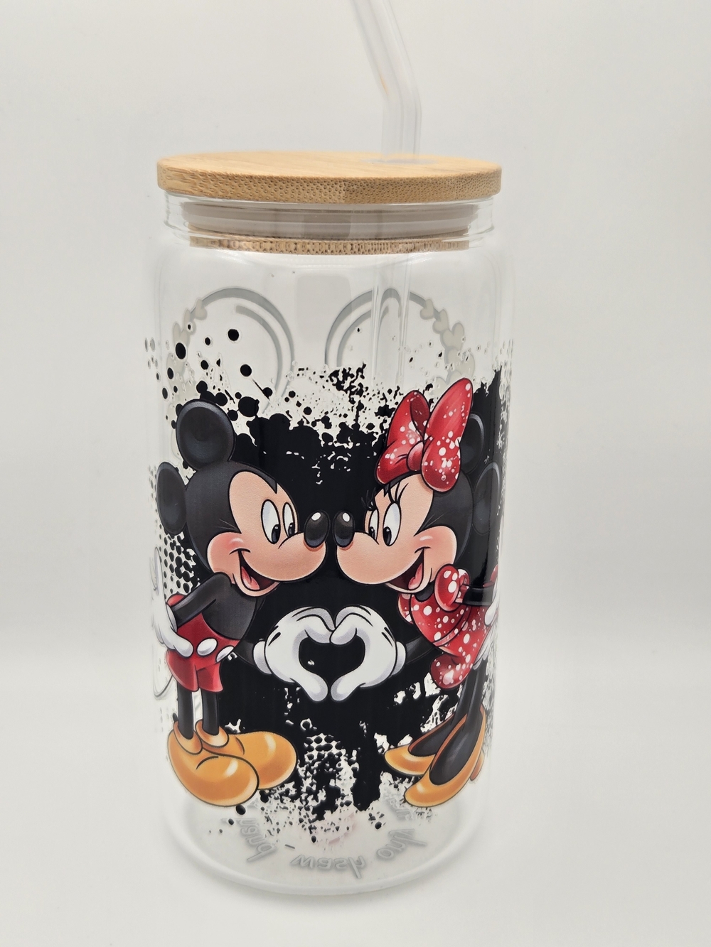 Disney Mickey & Minnie Glass Jar Tumbler with Bamboo Lid - Red & Black